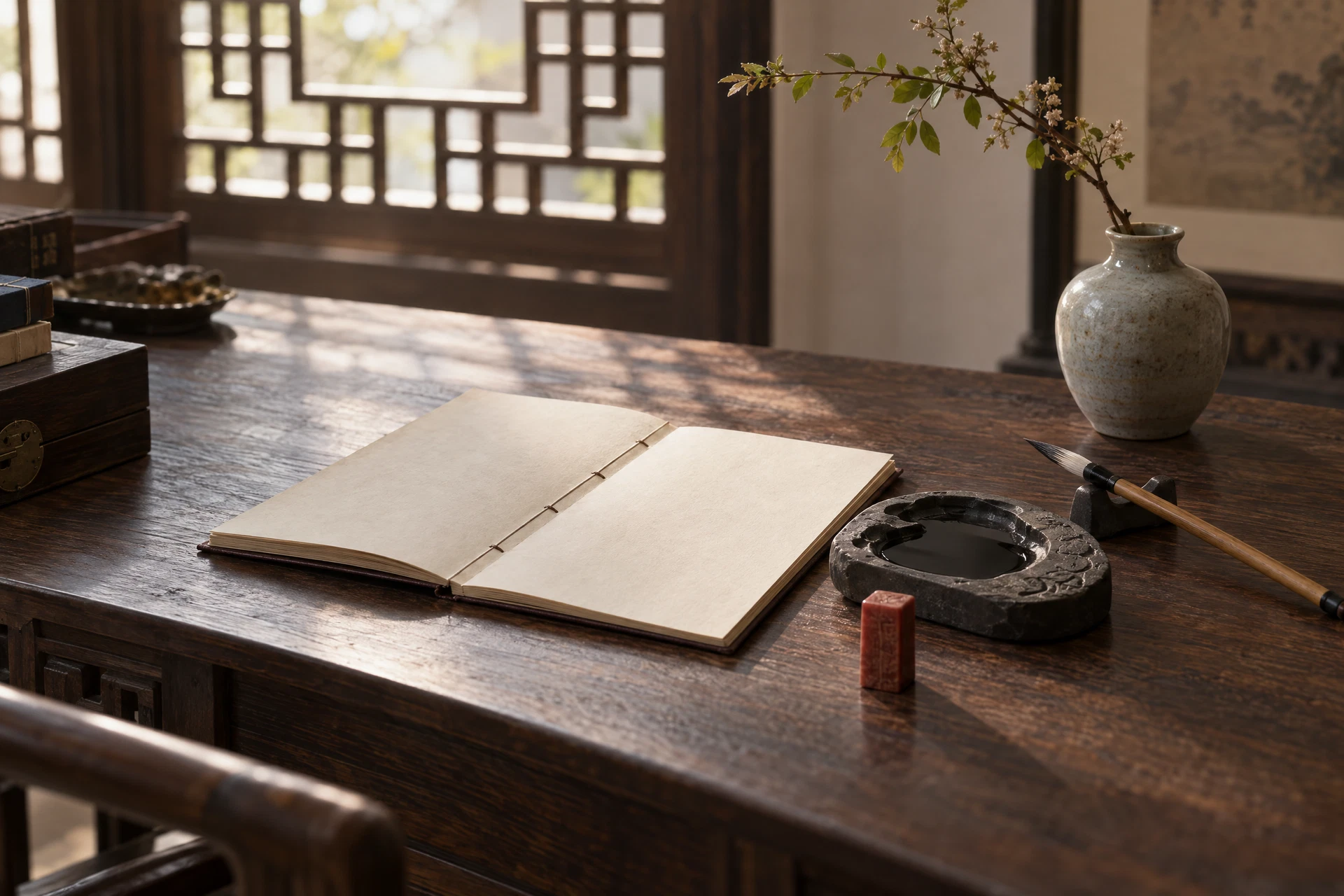 Chinese study still life: paper, brush, inkstone, and wooden desk